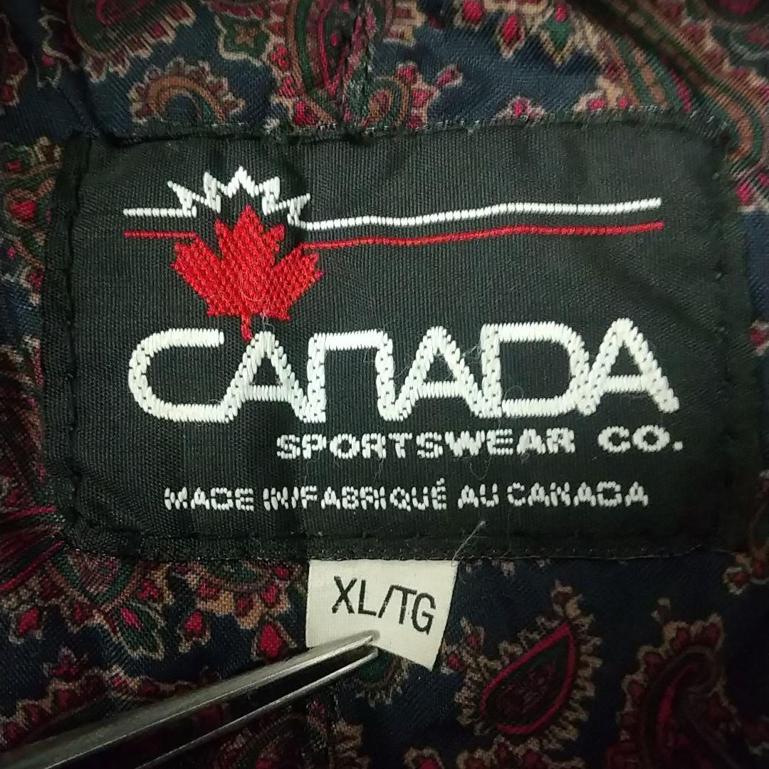 カナダ製 両面刺繍 企業ロゴ 袖レザー 裏地総柄 ウール スタジャン XL