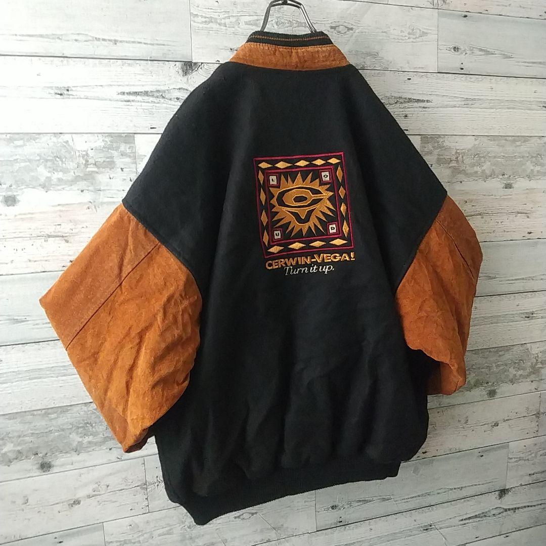 カナダ製 両面刺繍 企業ロゴ 袖レザー 裏地総柄 ウール スタジャン XL