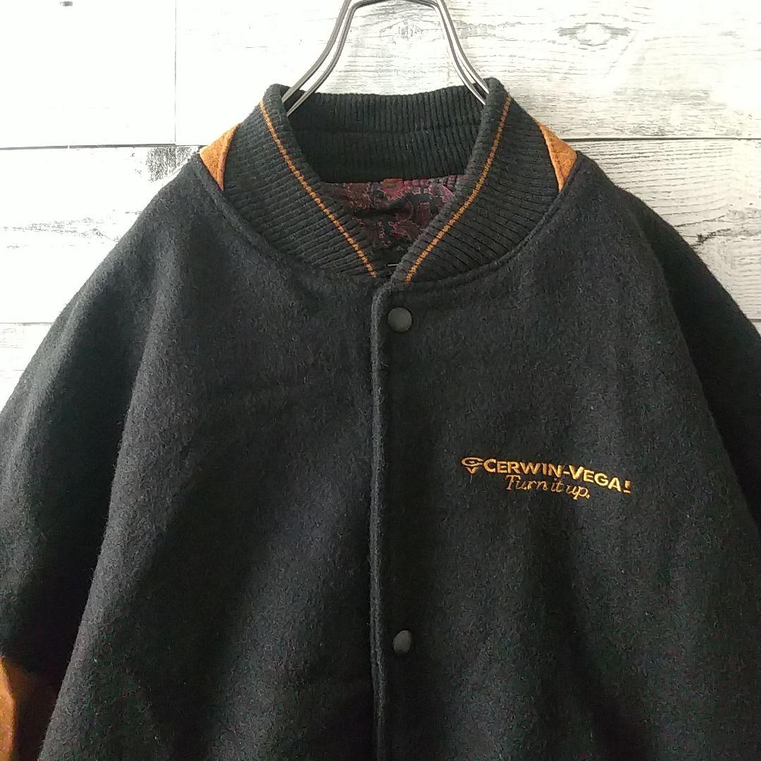 カナダ製 両面刺繍 企業ロゴ 袖レザー 裏地総柄 ウール スタジャン XL