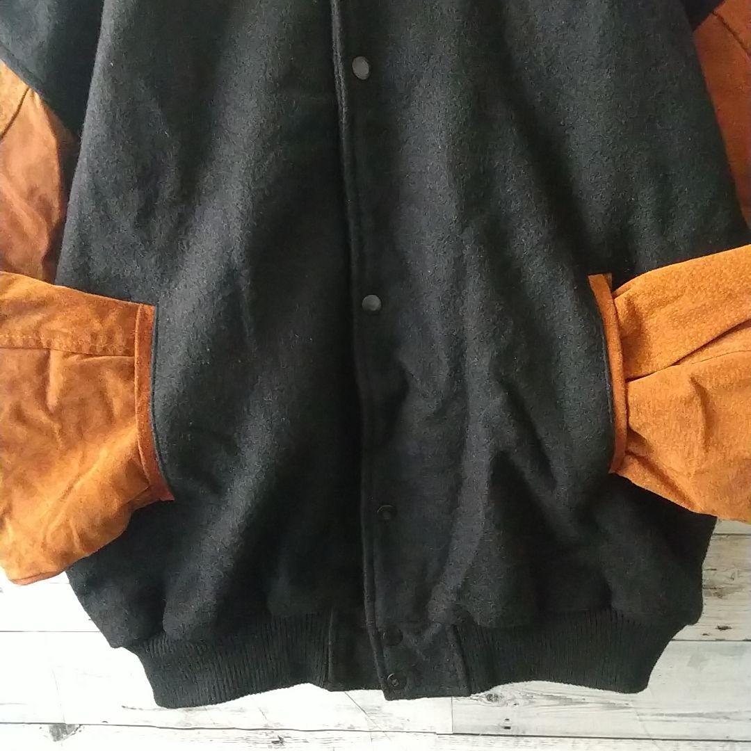 カナダ製 両面刺繍 企業ロゴ 袖レザー 裏地総柄 ウール スタジャン XL