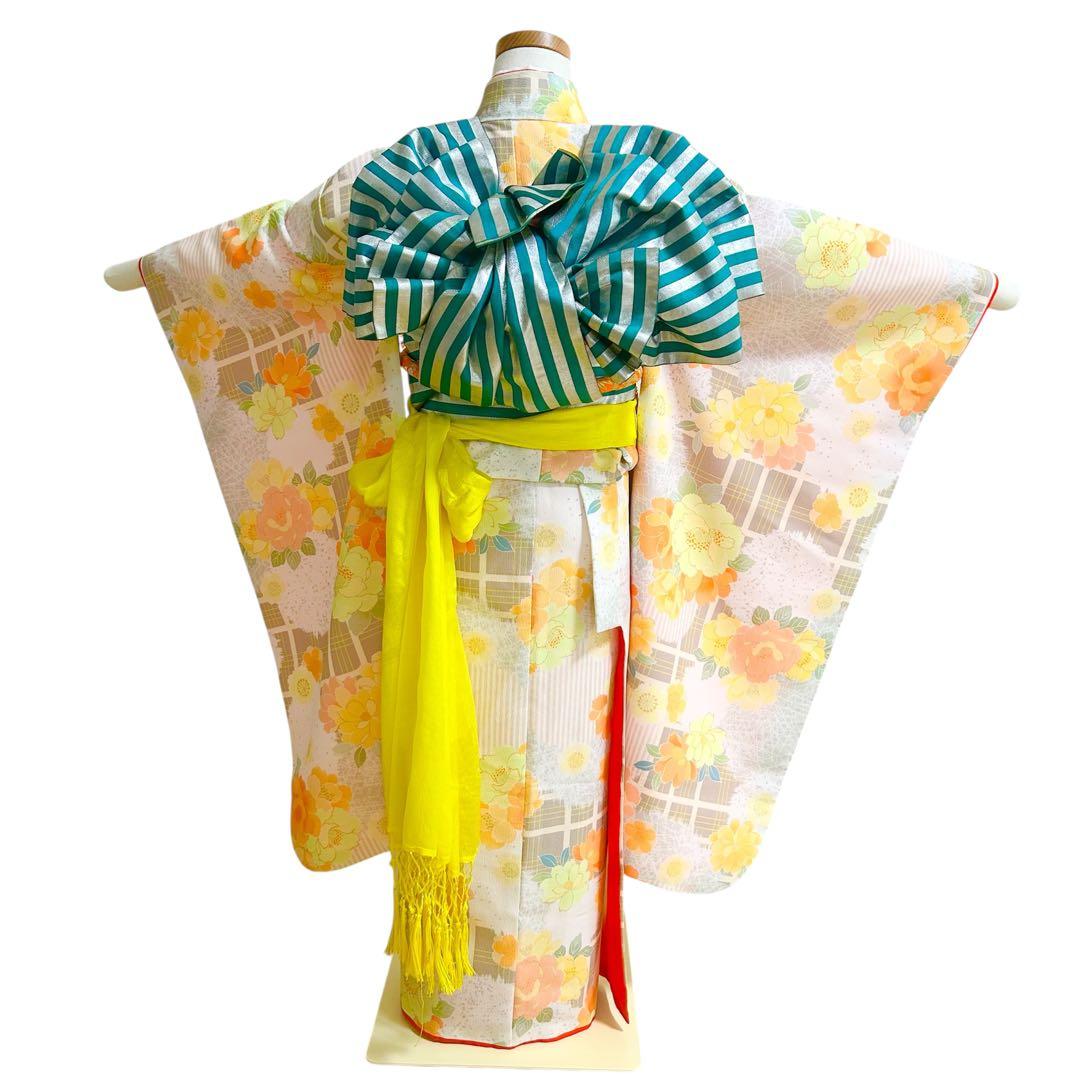 着物　七五三　7歳　女の子　13点　フルセット　オレンジ　グレージュ　格子　花文