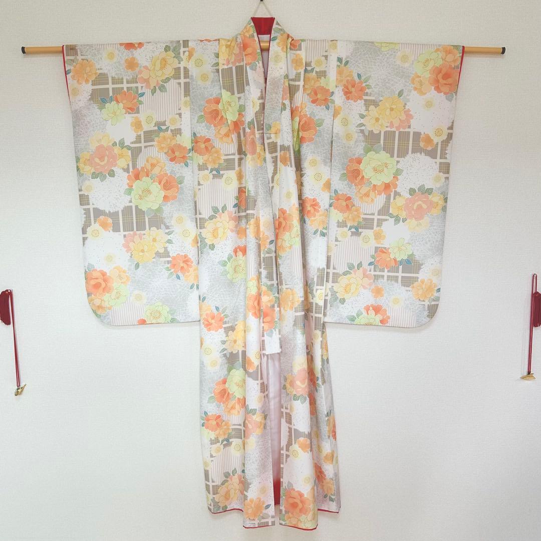 着物　七五三　7歳　女の子　13点　フルセット　オレンジ　グレージュ　格子　花文