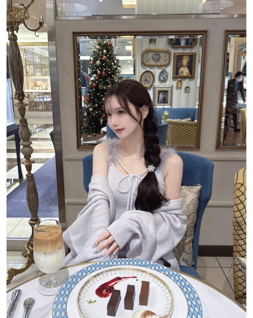 Lumignon feather ribbon op + cardiganブルー