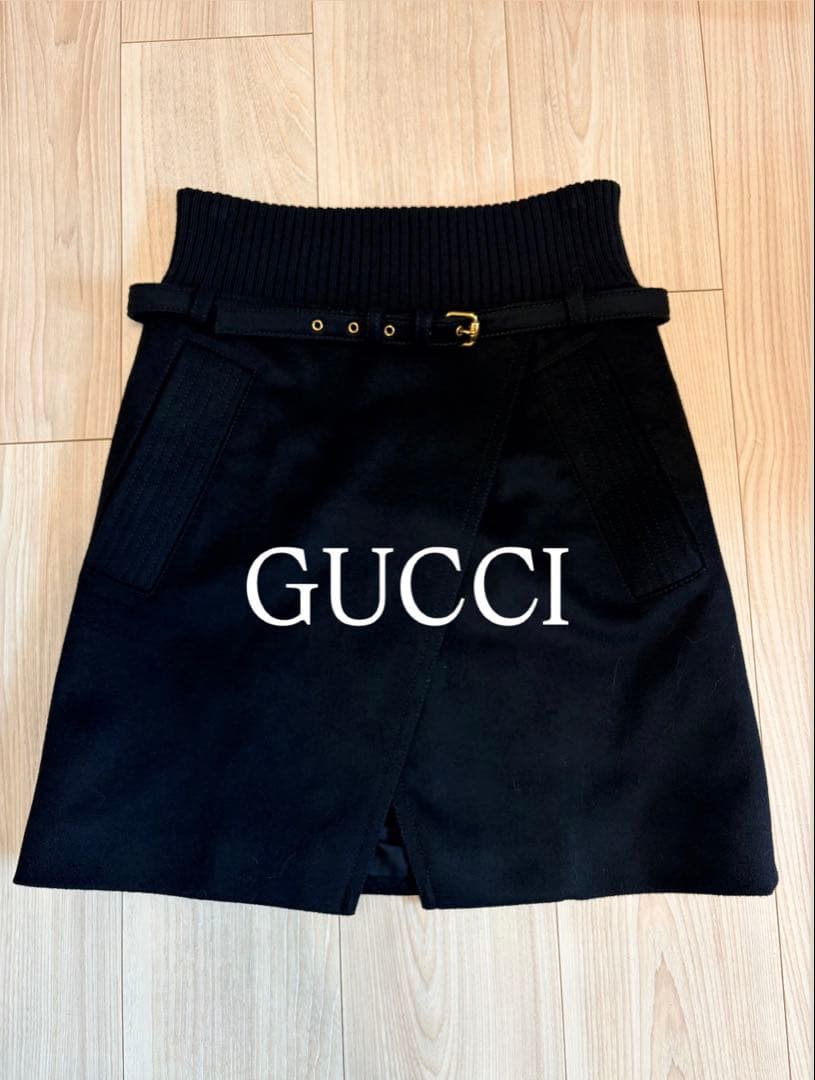 希少廃盤 GUCCI ベルト付き 上質ウール ラップスカート 黒 サイズ36