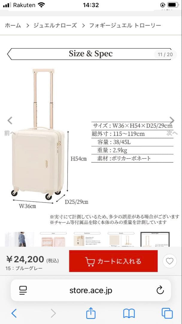 Jewelna Rose フォギージュエル トローリー 38/45L グレー