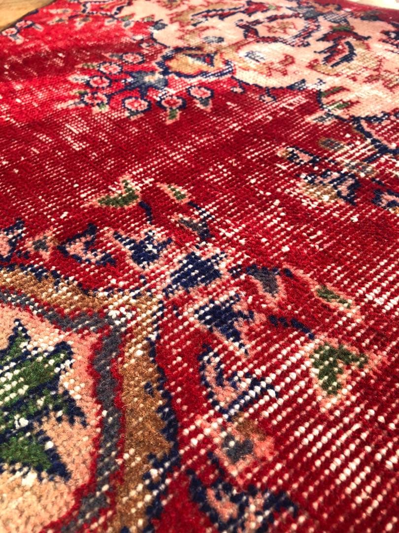 大きめサイズ】美しいredと優しいpinkトルコ ビンテージラグ 半円ラグ