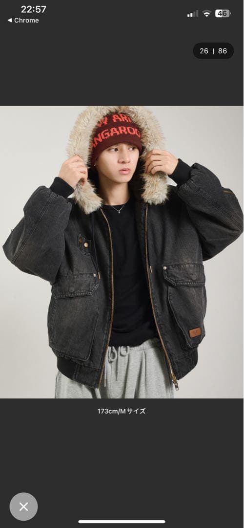 Perushu ヴィンテージライクデニムフードファーブルゾン