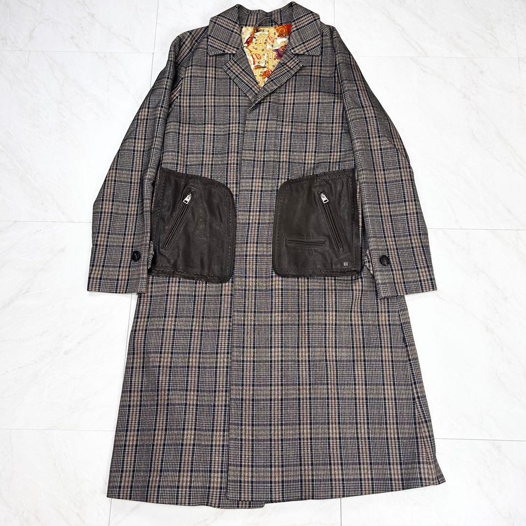 未使用に近い ETRO チェスター レザーポケット 総柄 ロングコート 48