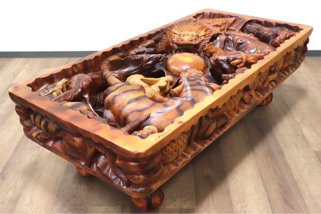 GMHS46○中国美術 十二支 木彫 彫刻 天然木 センターテーブル