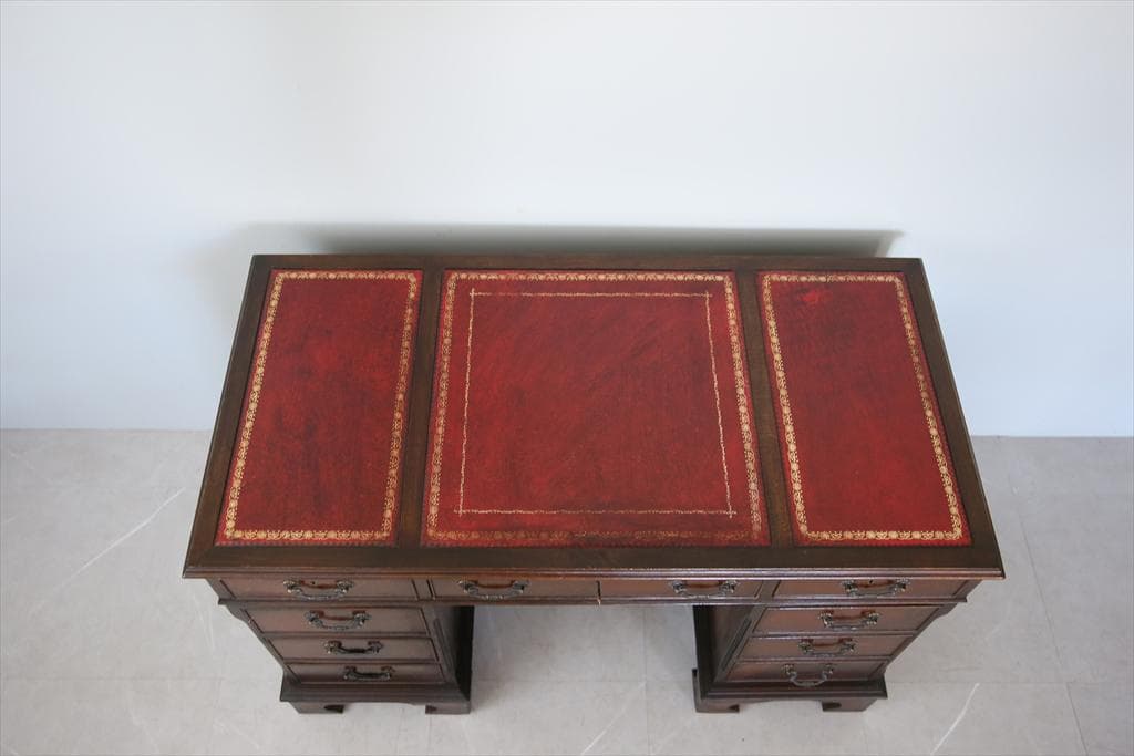 英国アンティーク木製両袖デスク/勉強机/テーブル/飾り棚/オフィス事務89-93