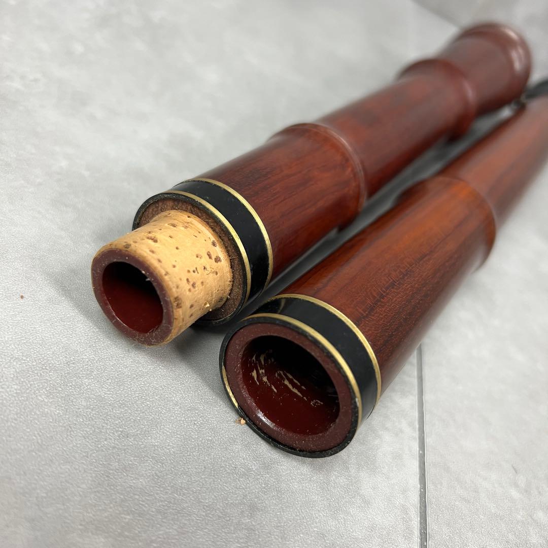 蝴蝶宝　尺八　琴古流　唄口バチ型　2尺 木製　直管　節あり　印あり　金色三線