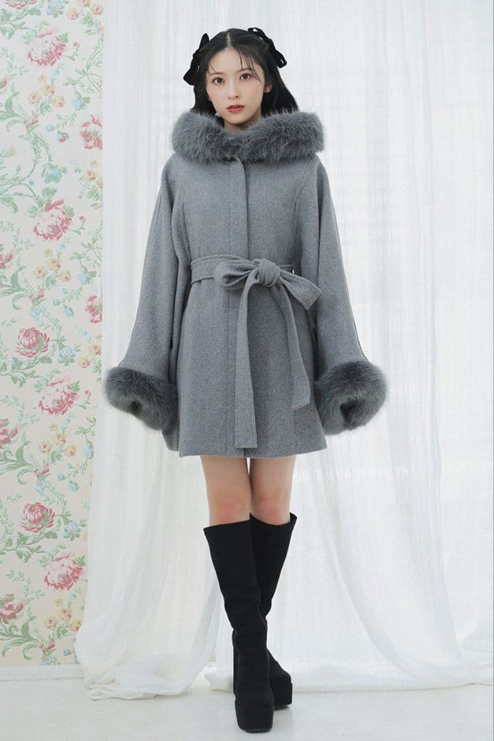 新品リエンダウールMixフードポンチョコート