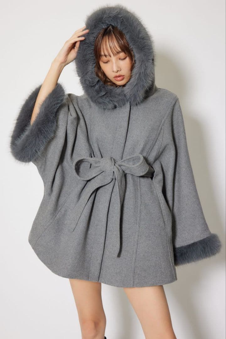 新品リエンダウールMixフードポンチョコート