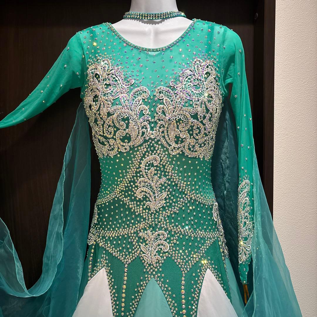 新品　社交ダンス　スタンダード　モダン　ドレス　衣装　水色　白　緑