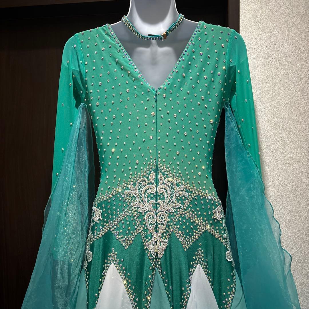 新品　社交ダンス　スタンダード　モダン　ドレス　衣装　水色　白　緑