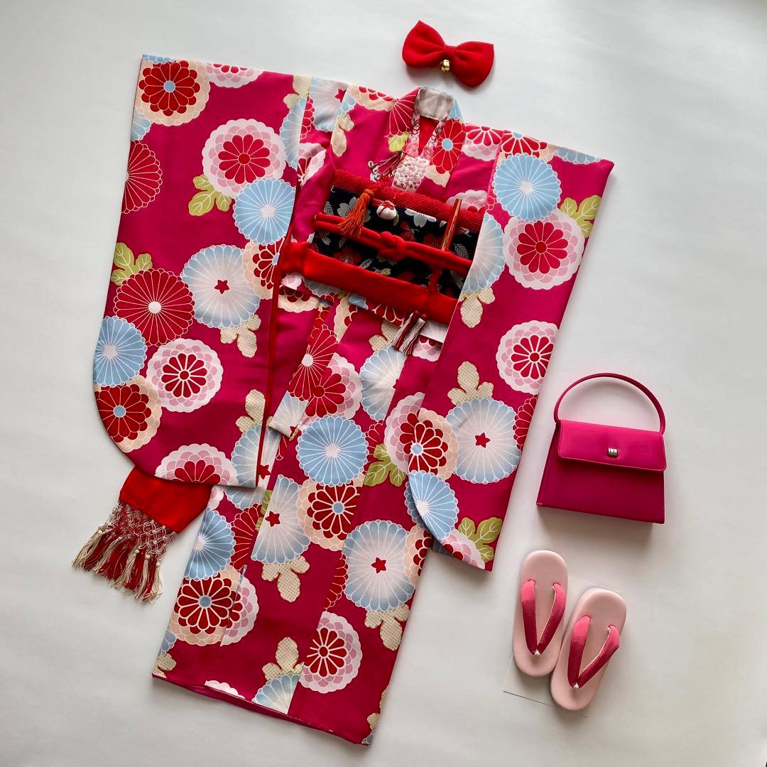 七五三　撫松庵　7歳女児　四つ身着物　結び帯18点フルセット　菊　ピンク　753