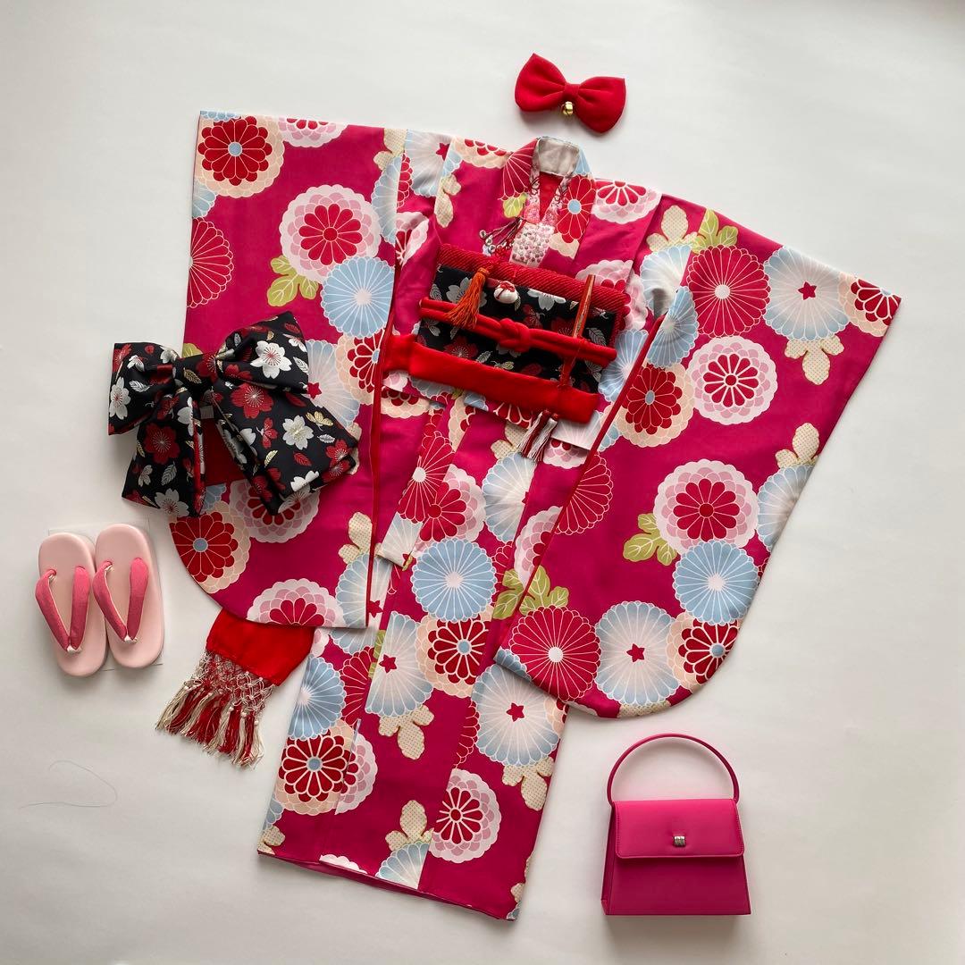 七五三　撫松庵　7歳女児　四つ身着物　結び帯18点フルセット　菊　ピンク　753