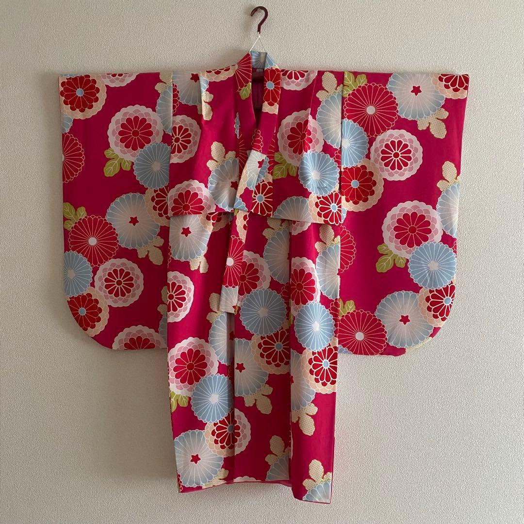 七五三　撫松庵　7歳女児　四つ身着物　結び帯18点フルセット　菊　ピンク　753