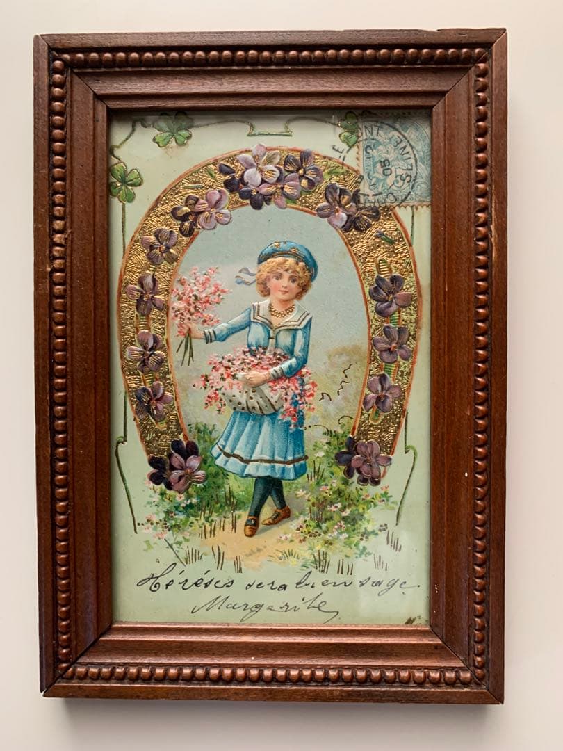 フランスアンティーク　エンボスされた絵葉書が入ったペアの小さな可愛過ぎる額！