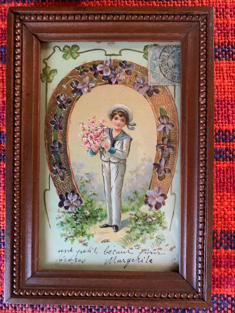 フランスアンティーク　エンボスされた絵葉書が入ったペアの小さな可愛過ぎる額！
