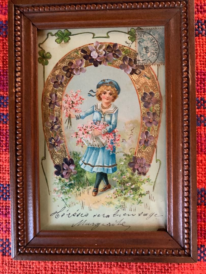 フランスアンティーク　エンボスされた絵葉書が入ったペアの小さな可愛過ぎる額！