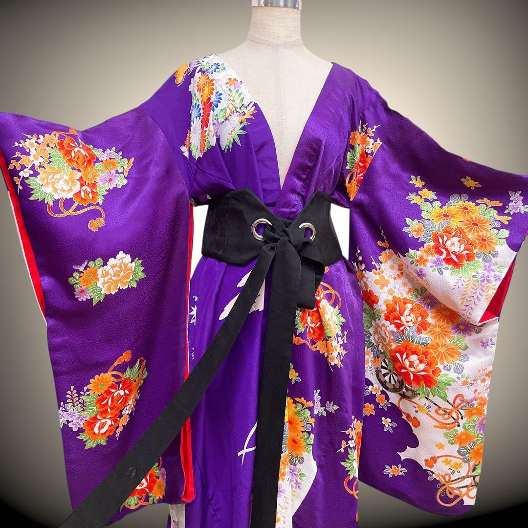 花柄パープル 振袖 着物ガウン 着物リメイク フォーマル 紫 N71118