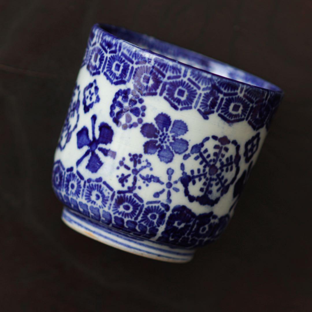 明治 大正 湯呑み 型紙摺 印判 雪輪 雪 結晶