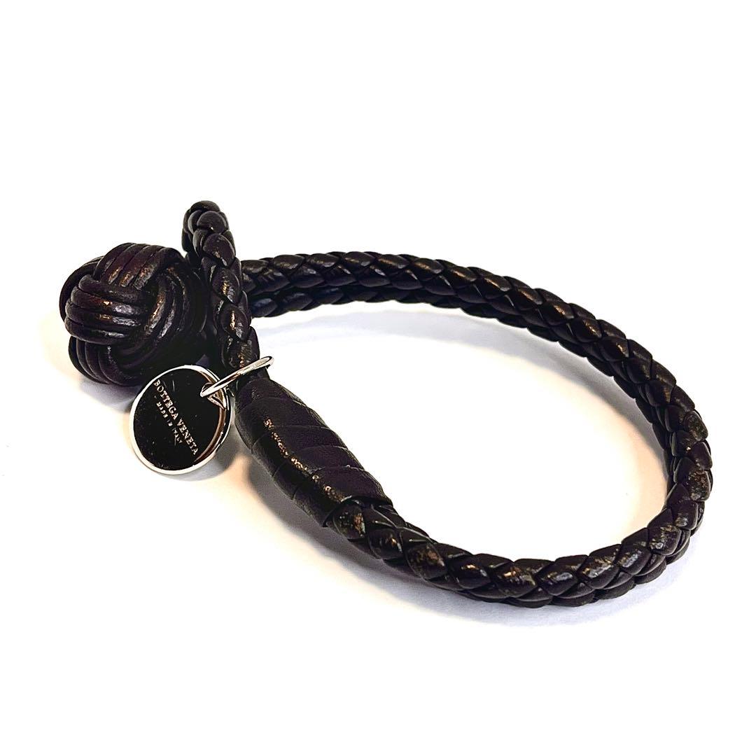 ボッテガヴェネタブレスブレスレットレザープレート編み込みブラウン ダークブラウン