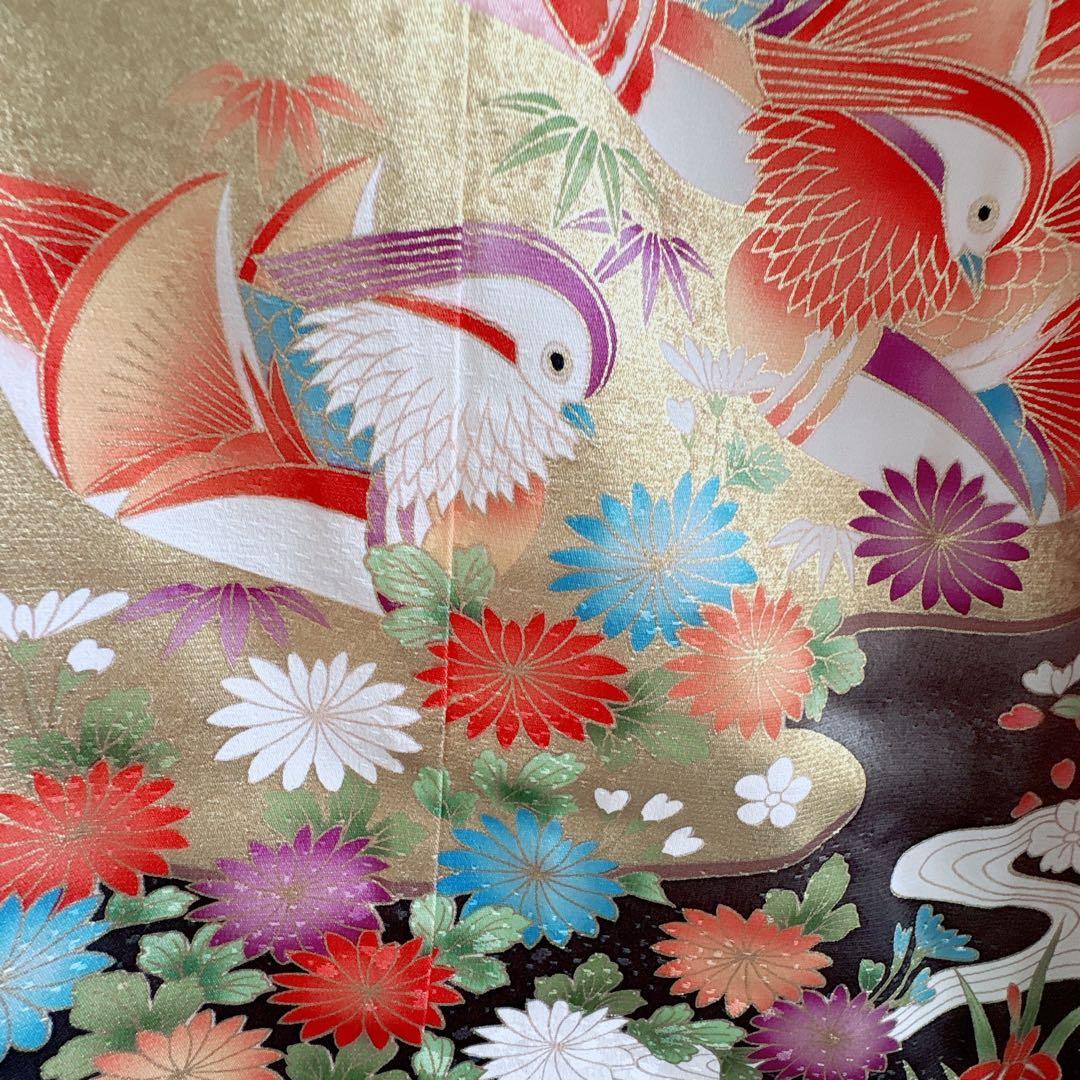 七五三　7歳女の子　フルセット　きものピンク　帯黒地　正絹　簡単半襟　7281