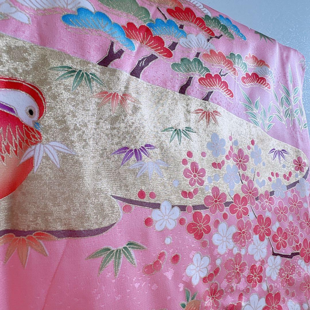 七五三　7歳女の子　フルセット　きものピンク　帯黒地　正絹　簡単半襟　7281