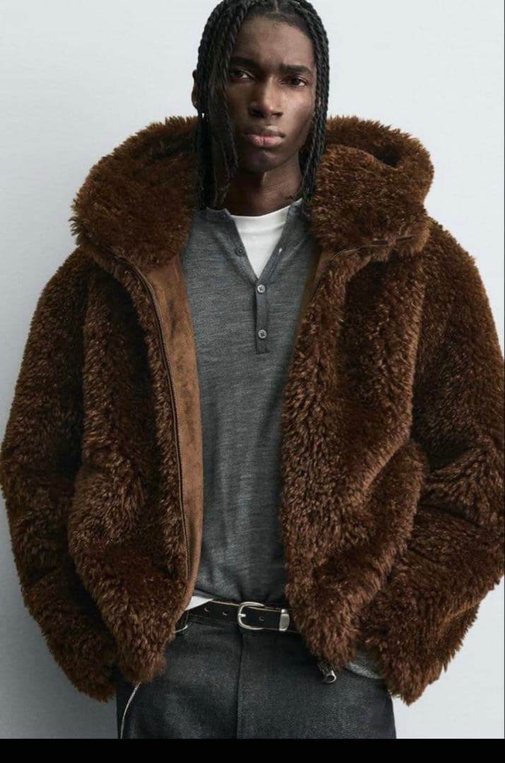 フード付きボアジャケット ダークブラウン zara フェイクファー - メルカリ