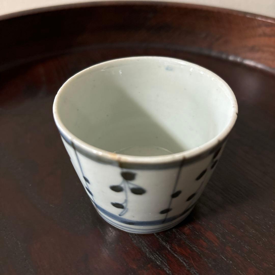 古伊万里染付 格子縞 蔓草文 ⑤蕎麦猪口 江戸初期前期 アンティーク
