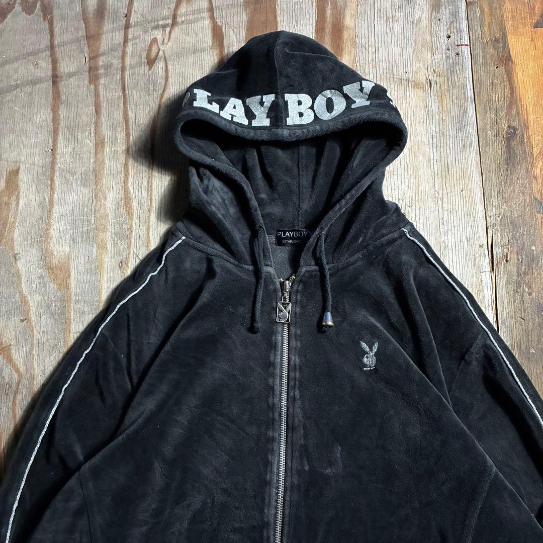 90s PLAYBOY ベロア パーカー セットアップ ブラック 光沢 Y2K - メルカリ