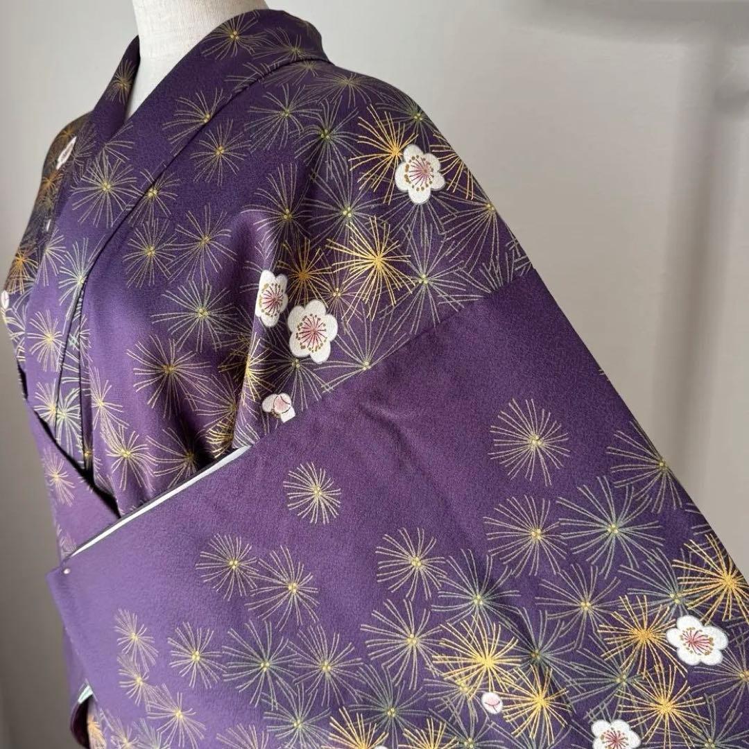 しつけ付き 正絹 やまと 小紋 着物 袷 165裄65 紫 梅 金彩 トール