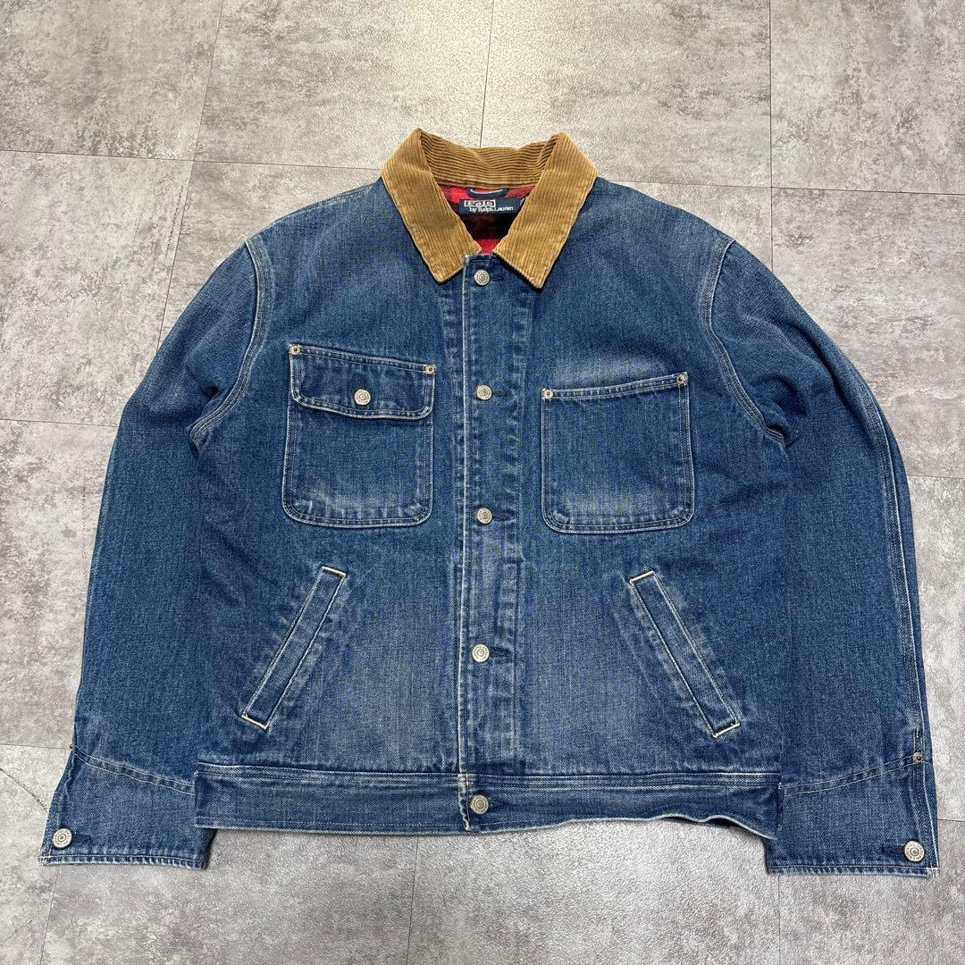 90s ラルフ　裏地赤ネル　XL 短丈ボックス　極上の色落ち　アタリ　襟コーズ