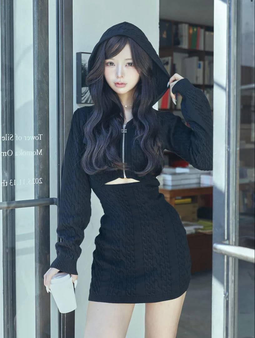 Darichダーリッチ オープンケーブルニットミニワンピース BLK ブラック