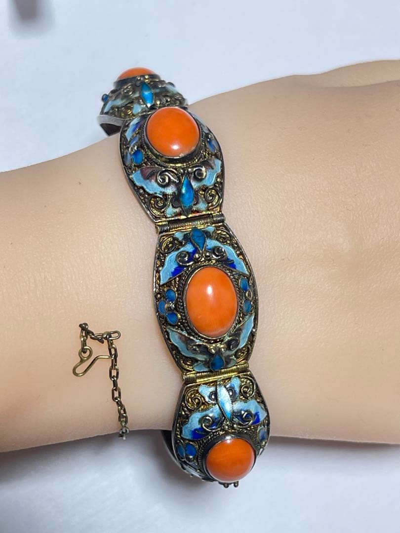 銀線細工 珊瑚SILVER ストーン ブレスレット