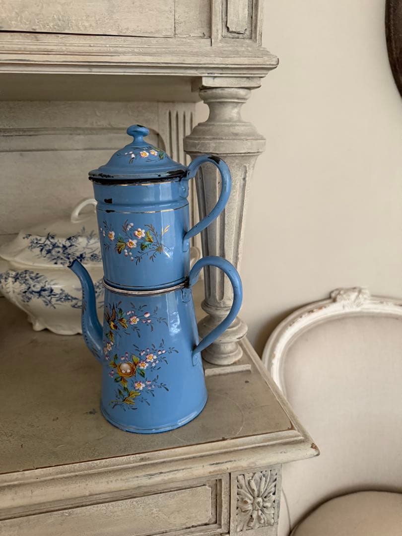 フランスアンティークレア!エトワール社小鳥と鳥の巣水色ホーローカフィティエール