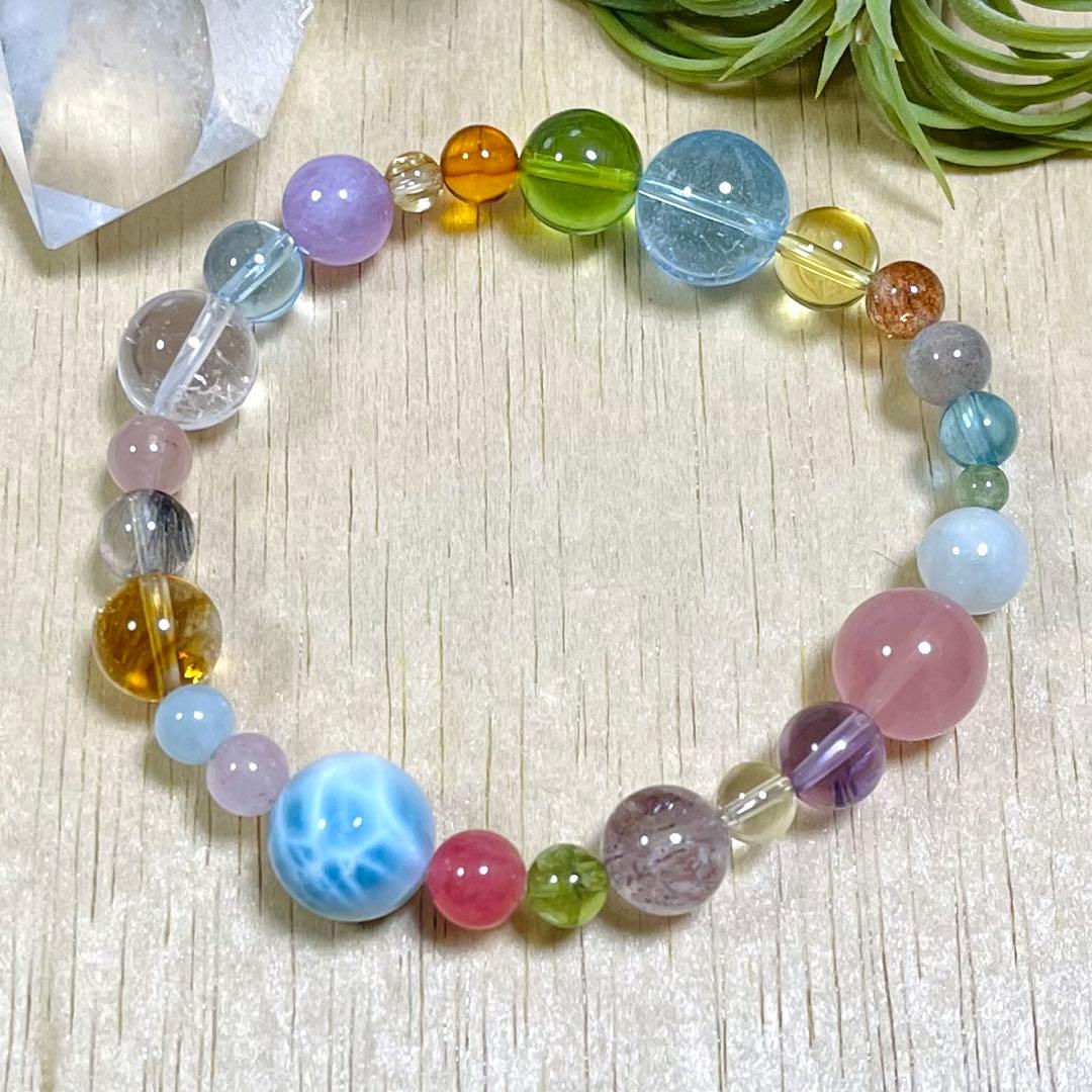 【高品質】琥珀・天然石（ラリマー、ブルートパーズ、エレスチャルクォーツ等）ブレス