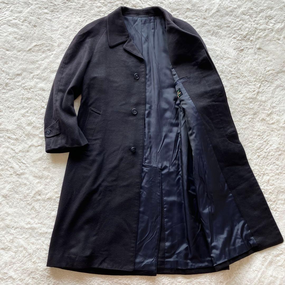 極上品 カシミヤ100% 日本製 比翼 ステンカラー ロングコート ネイビー L
