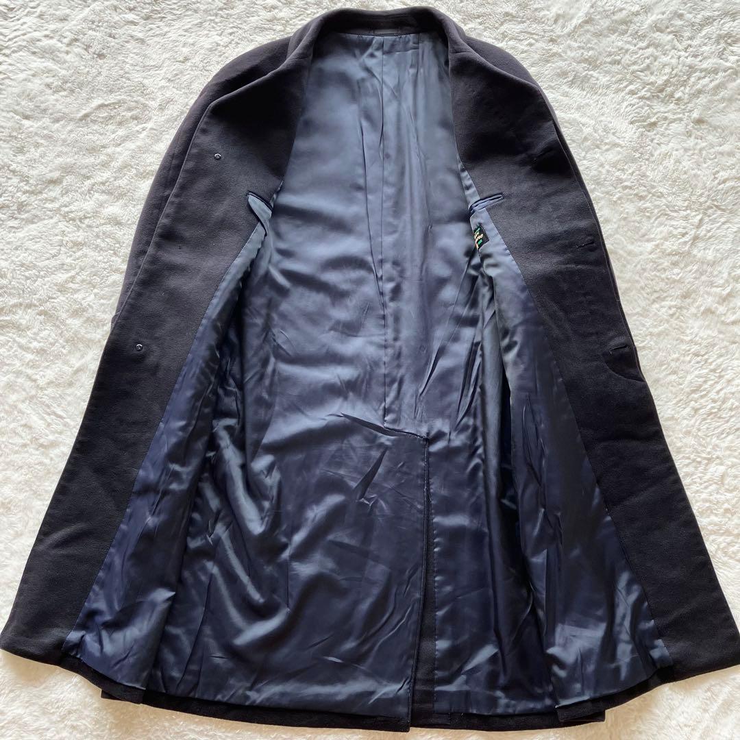 極上品 カシミヤ100% 日本製 比翼 ステンカラー ロングコート ネイビー L
