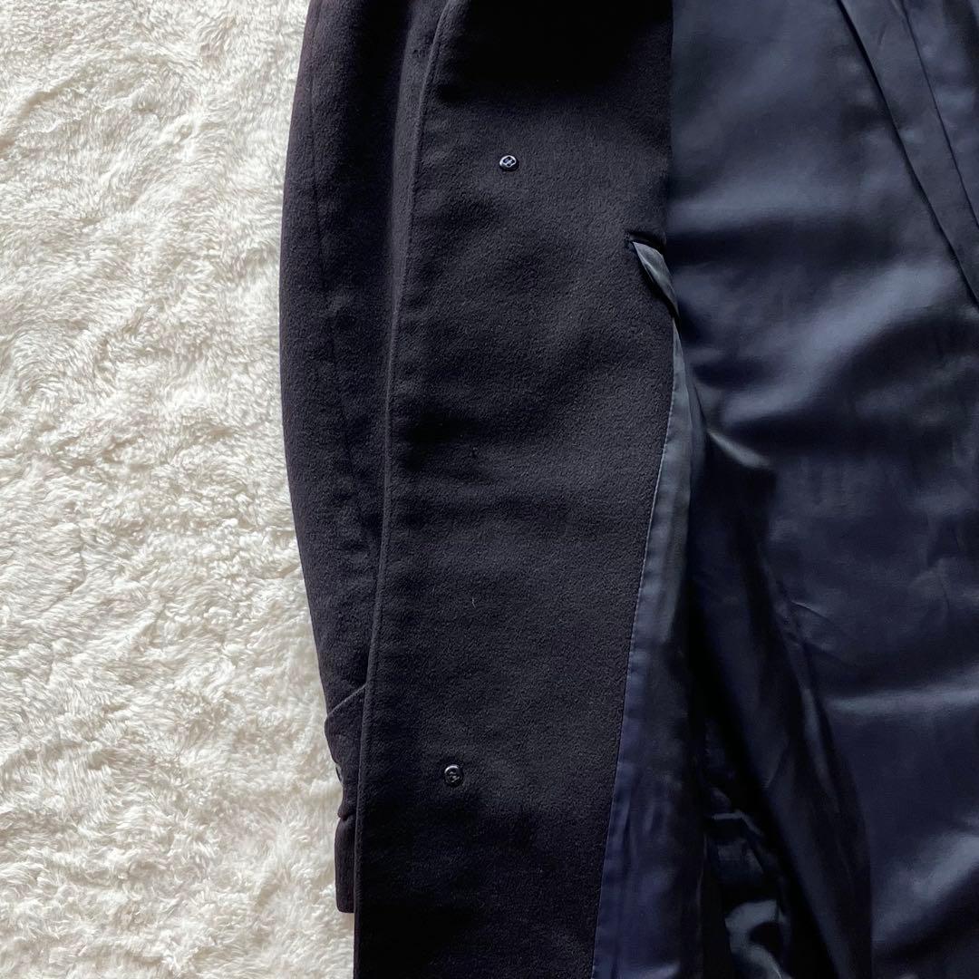 極上品 カシミヤ100% 日本製 比翼 ステンカラー ロングコート ネイビー L