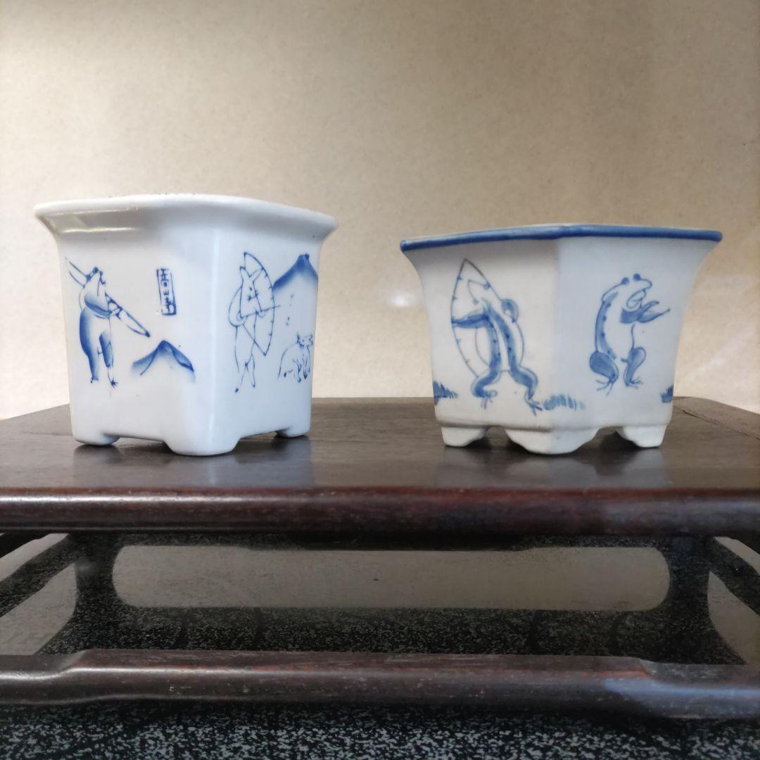 染付鉢髙山寺、鳥獣戯画、盆栽鉢、染付鉢、植木鉢、四方鉢、六角鉢、2