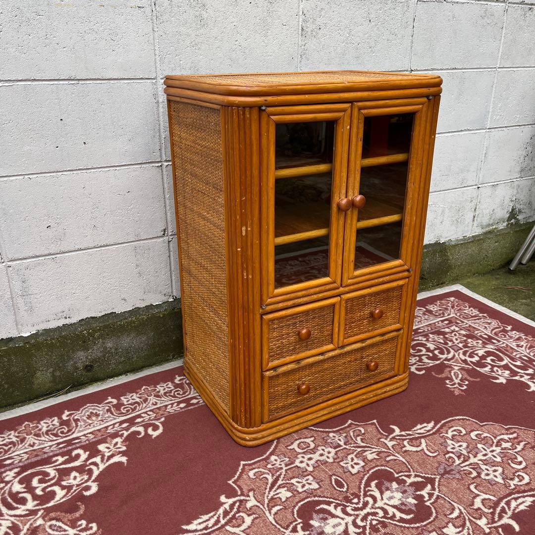 古家具◾️ナチュラル天然素材 籐ラタンキャビネット 整理棚 収納棚