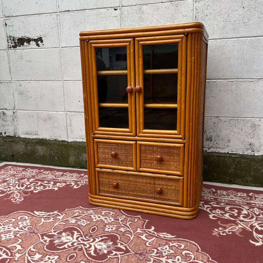 古家具◾️ナチュラル天然素材 籐ラタンキャビネット 整理棚 収納棚