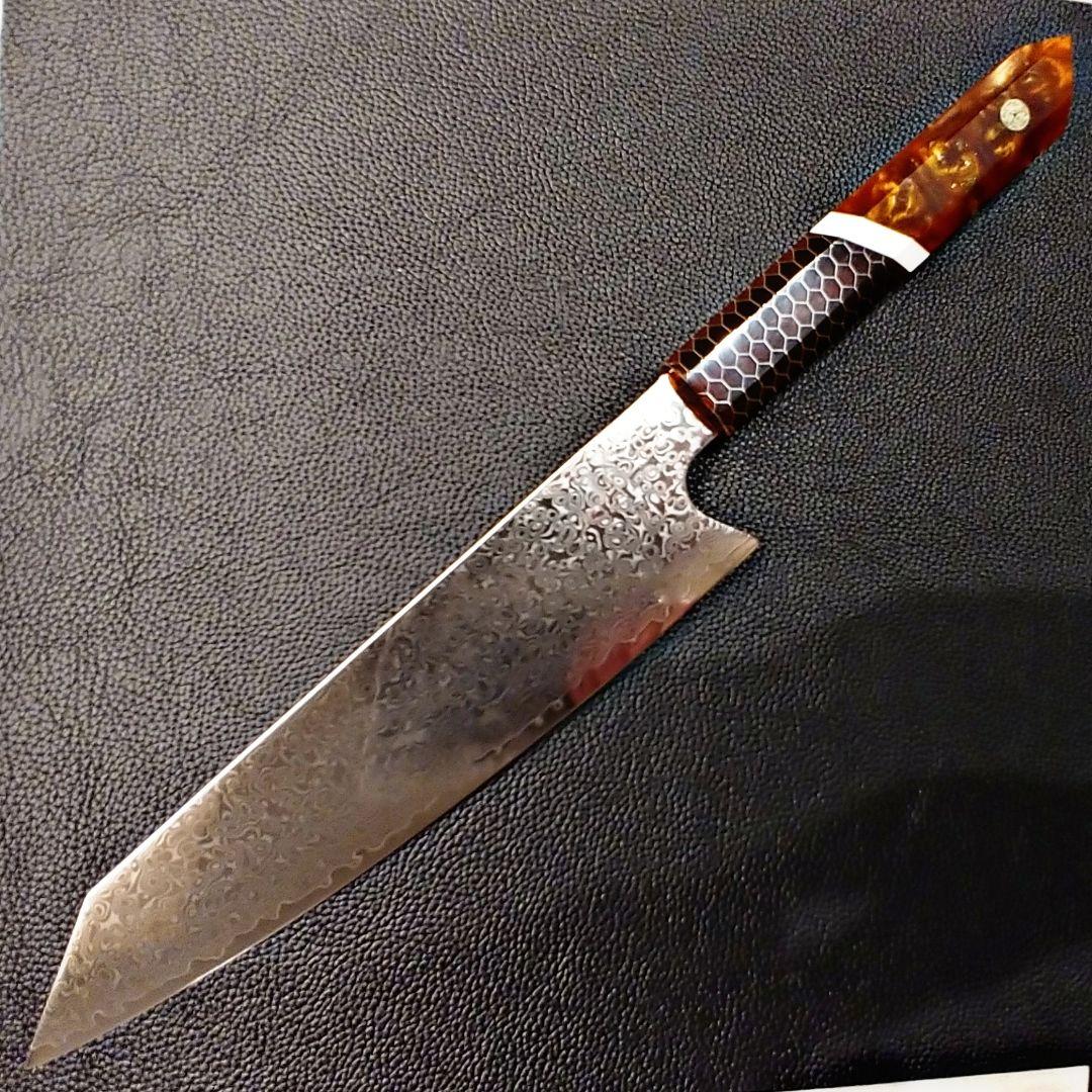 《新作》　V金10号　ダマスカス包丁　ハニカム模様・琥珀柄　剣型　牛刀　三徳