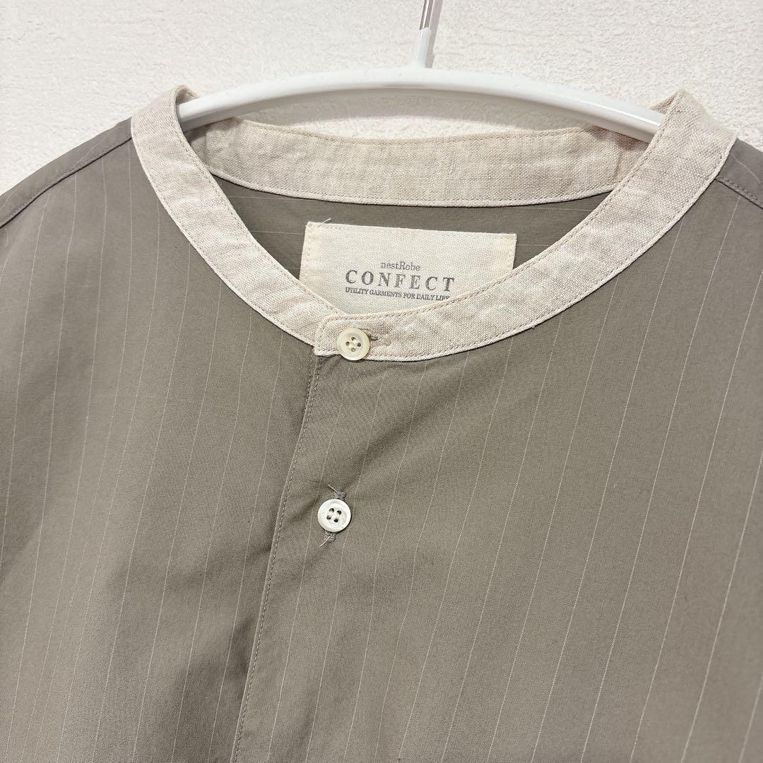 美品】ネストローブコンフェクト ストライプバンドカラーシャツ 綿麻