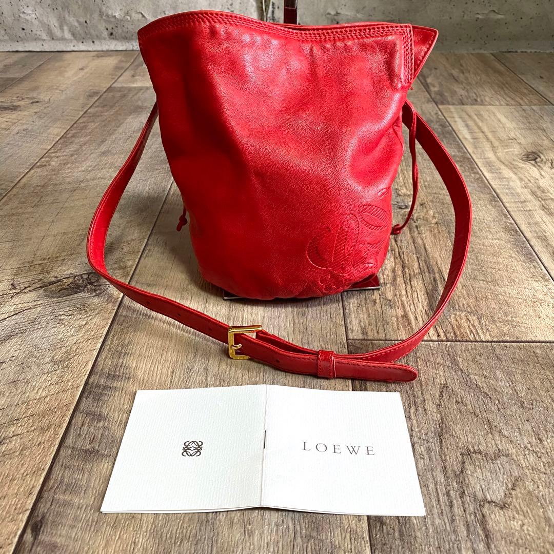 本物☆ロエベ アナグラム柄 ナッパレザー ミニウエストポーチ ウエストバッグ 赤