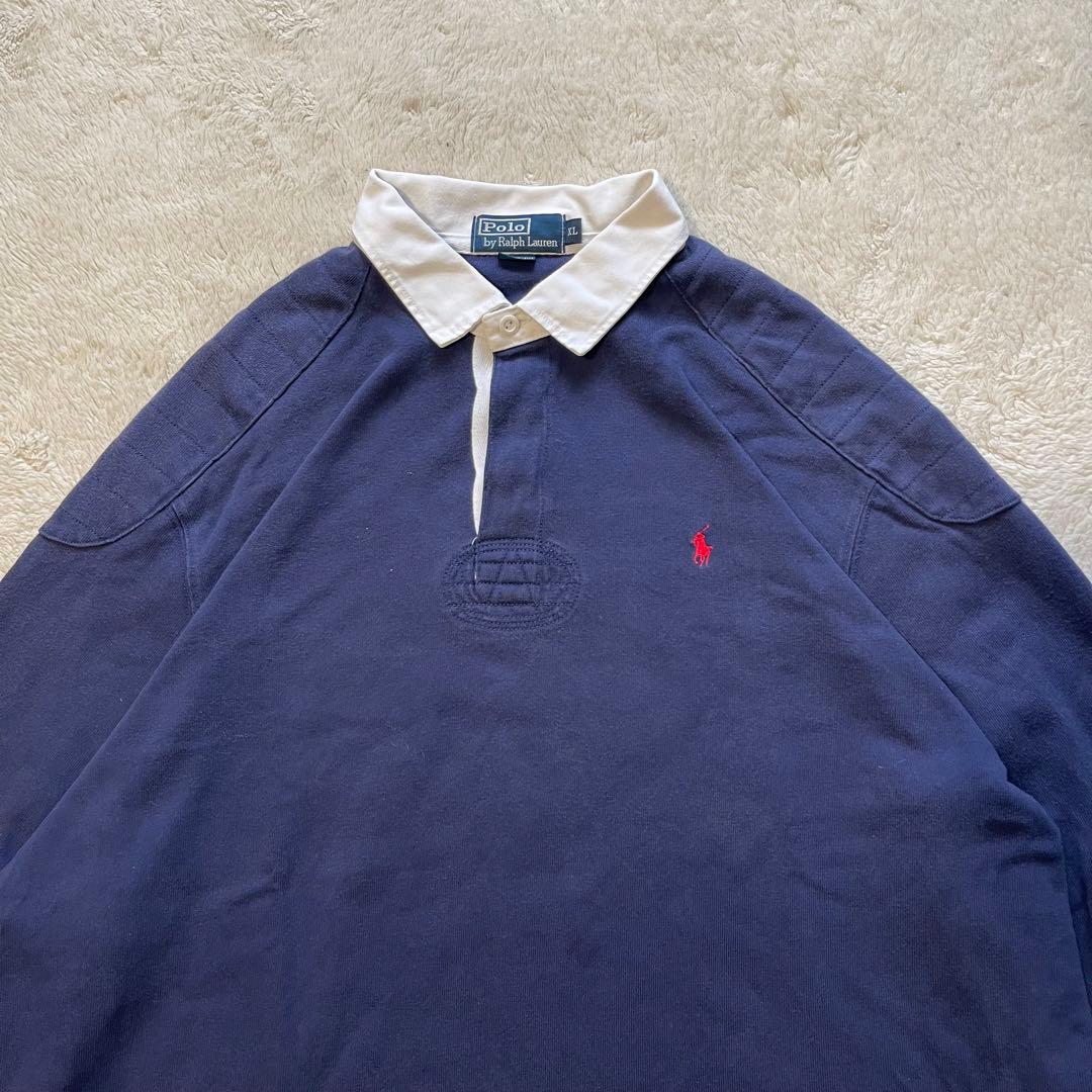 90s ポロ ラルフローレン エルボーパッチ ラガーシャツ XL ネイビー
