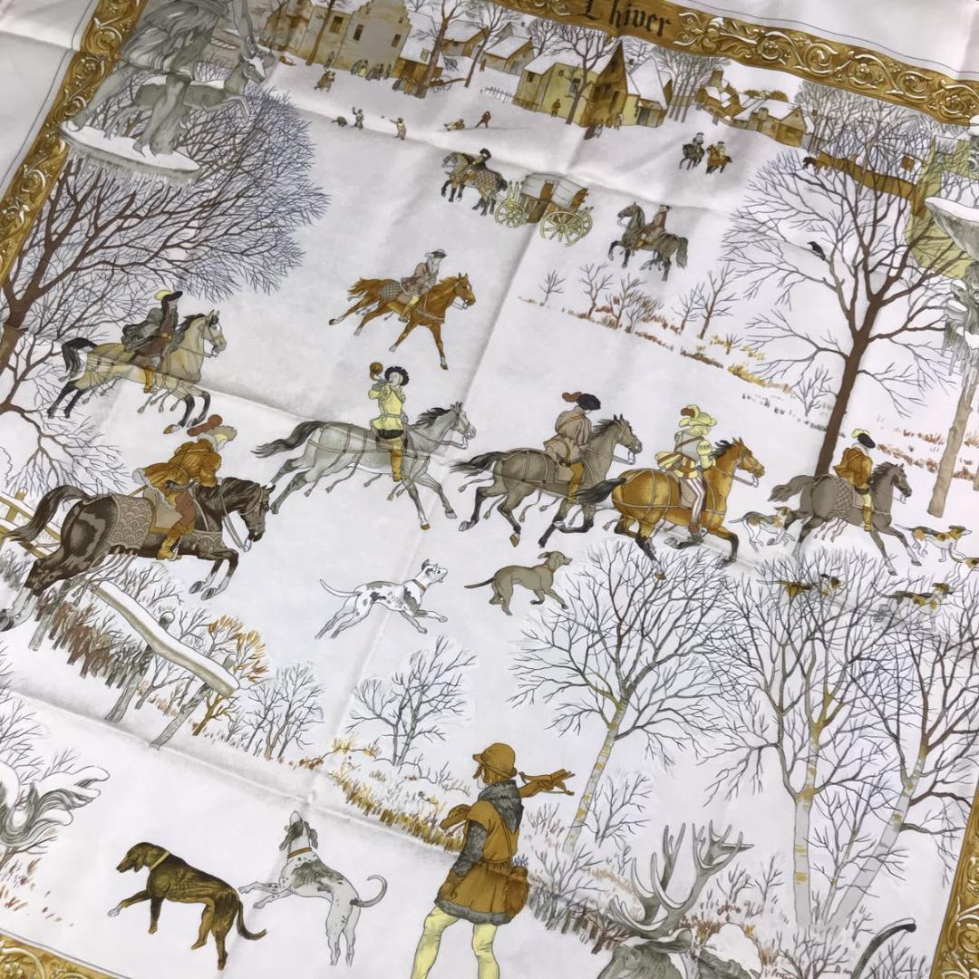 HERMES カレ90 L'hiver 冬 大判スカーフ 馬柄 クリーム.